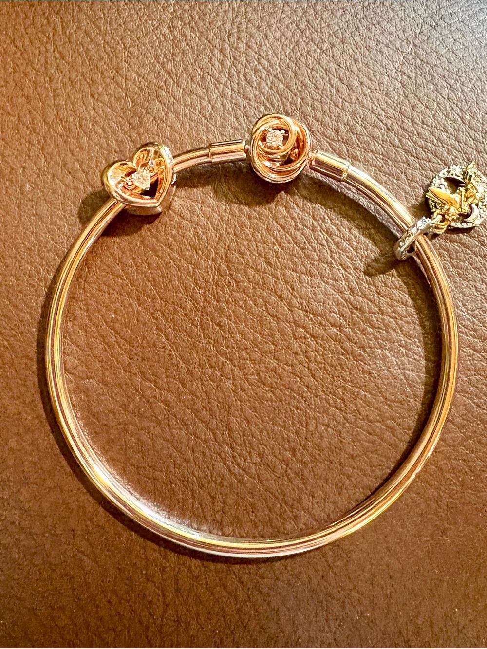 Pandora Rose Gold Bangle Bracelet with Rose Clasp, Heart and Tinkerbell Charms